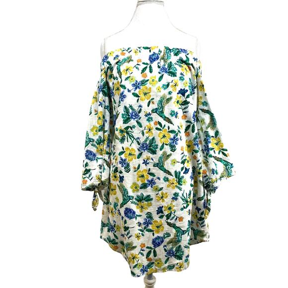 Old Navy Small Off-Shoulder 3/4 Dress Green/Blue Floral Birds Resort Summer Cute - Picture 2 of 11